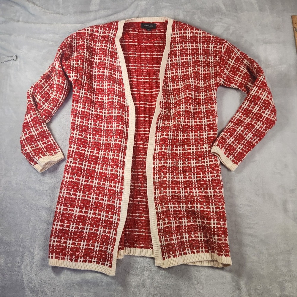 Calligraphie Red‎ White Plaid Knit Cardigan M Open Front Metallic Cottagecore